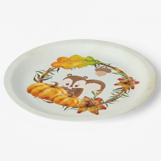 Eichhörnchen und Pumpkins Rustikaler Kranz Pappteller (Schrägansicht)