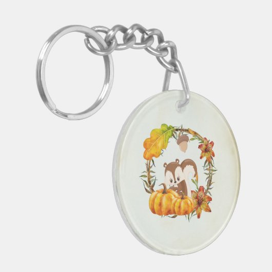 Eichhörnchen und Pumpkins Rustikaler Kranz Schlüsselanhänger (Vorderseite links)