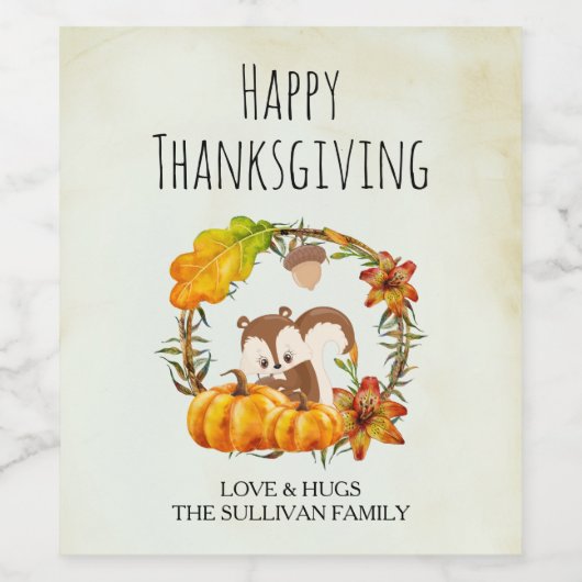 Eichhörnchen und Pumpkins Rustikaler Kranz Weinetikett (Einzelnes Label)