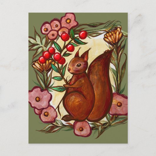 Eichhörnchen und Stechpalme Winter Rot Eichhörchen Postkarte (Vorderseite)