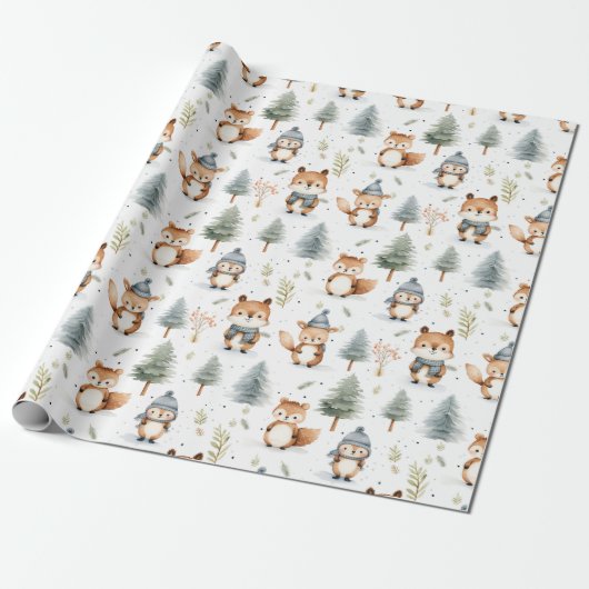 Eichhörnchen von niedlichen Waldtieren im Winter Geschenkpapier (Ungerollt)