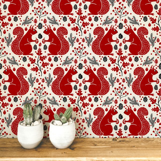 Eichhörnchen Wald Waldmuster Tapete (Modern squirrel woodland forest pattern peel and stick wallpaper)