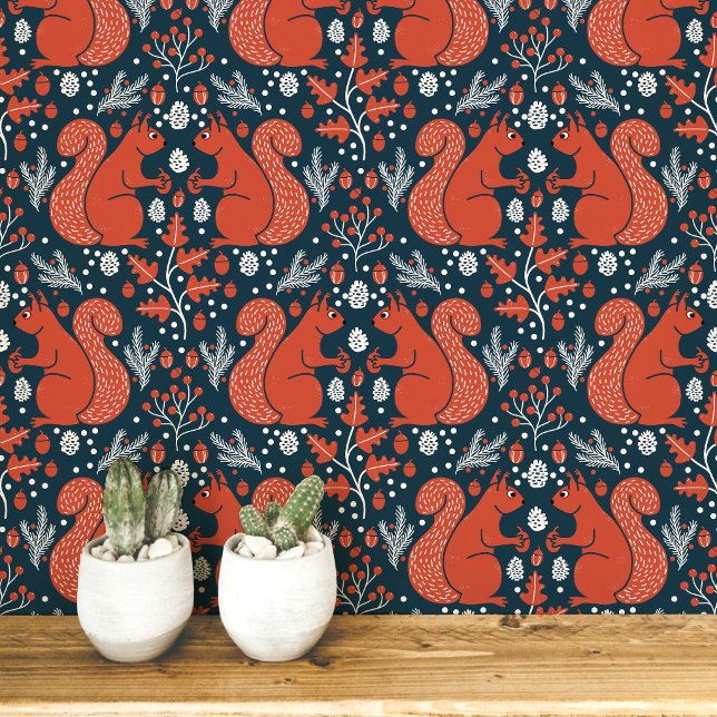 Eichhörnchen Wald Waldmuster Tapete (Modern Squirrel woodland forest folk art peel and stick wallpaper)