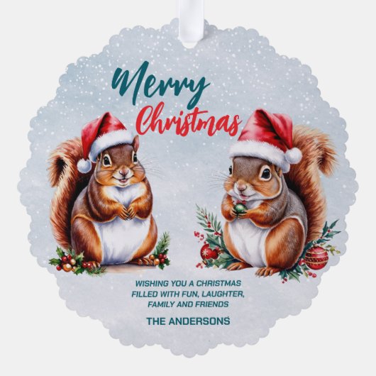 Eichhörnchen-Weihnachtsmannmütze Frohe Weihnachtss Ornament Karte (Rückseite)