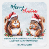 Eichhörnchen-Weihnachtsmannmütze Frohe Weihnachtss Quadratischer Aufkleber (Vorderseite)