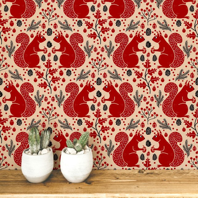 Eichhörnchenwald Waldmuster Tapete (Modern squirrel woodland forest pattern peel and stick wallpaper)