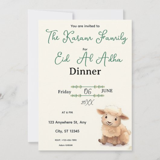 Eid Al Adha Beige Süße Schaf Party Einladung (Vorderseite)