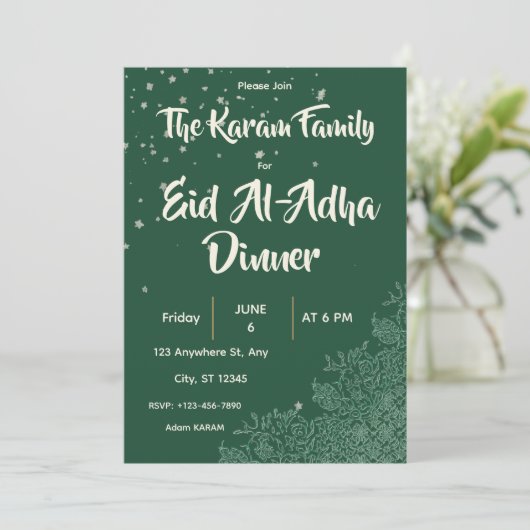 Eid Al-Adha Grüne Abendessen  Einladung (Stehend Vorderseite)