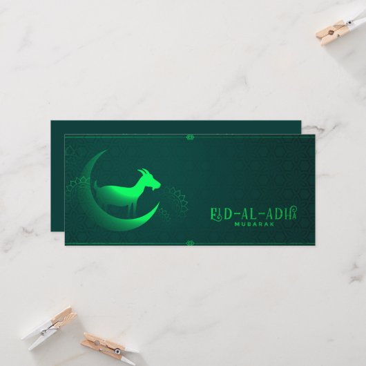 Eid al Adha Mubarak Ziege Crescent Green Pattern Karte (Vorderseite/Rückseite Beispiel)