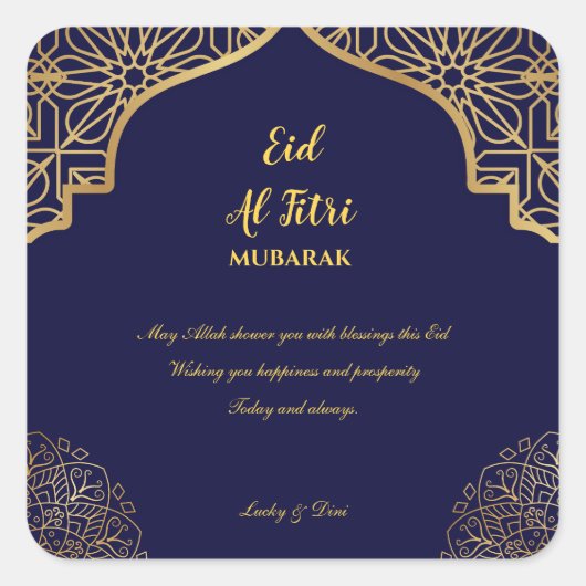 Eid Al Fitri Golden Mandala Navy Blue Holiday Quadratischer Aufkleber (Vorderseite)