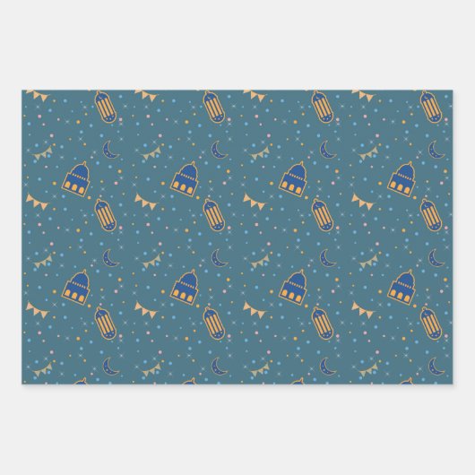 Eid Kids Blue Mosque Lantern Muster Zitat Geschenkpapier Set (Vorderseite)