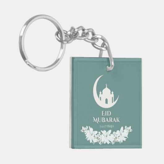 Eid Mubarak 1447 Hijri Crescent & Moschee Design Schlüsselanhänger (Vorderseite links)