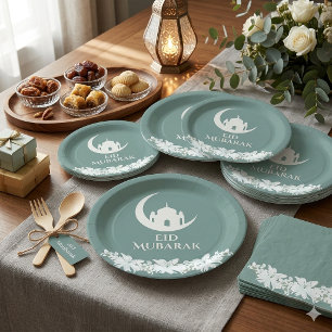 Eid Mubarak 1447 Hijri Halbmond-Moschee-Design Pappteller