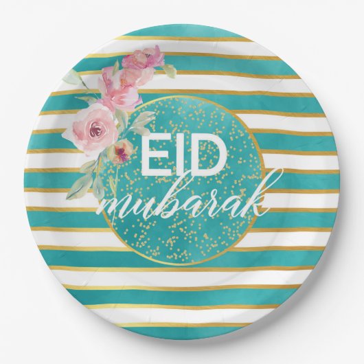 Eid Mubarak Aquamarin Gold Floral Plate Pappteller (Vorderseite)