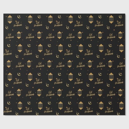 Eid Mubarak Black + Gold Elegante Lanterns + Mond Geschenkpapier (Flach)