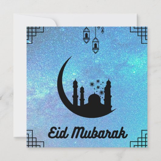 Eid Mubarak Blue Milky in Schwarz Text Note Card Einladung (Vorderseite)