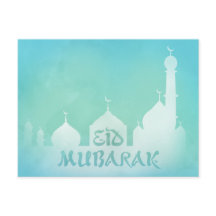 Eid Mubarak Blue Watercolor Moschee - Postkarte