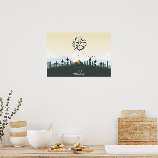Eid Mubarak Buchstaben mit Moschee und Vögeln Poster (Küche)