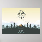 Eid Mubarak Buchstaben mit Moschee und Vögeln Poster (Vorne)