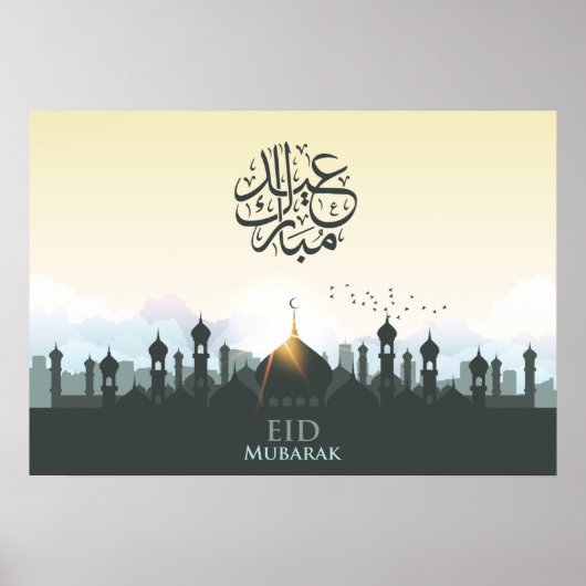 Eid Mubarak Buchstaben mit Moschee und Vögeln Poster (Vorne)