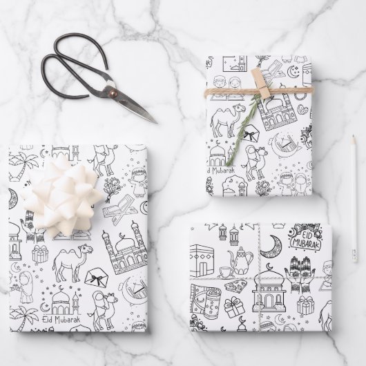 Eid Mubarak Colouring Wrapping Paper Sheets Set x3 Geschenkpapier Set (Vorderseite)