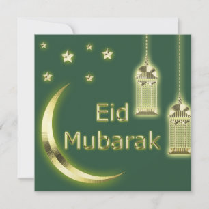 Eid Mubarak Crescent Islamische Laterne Grün Golde Feiertagskarte