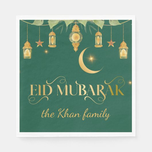 Eid Mubarak Custom Gold Green Lanterns + Moon Serviette (Vorderseite)
