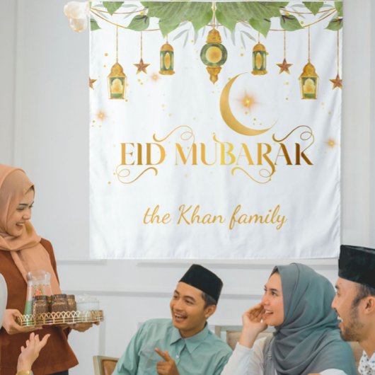 Eid Mubarak Custom Gold White Lanterns + Mond Wandteppich