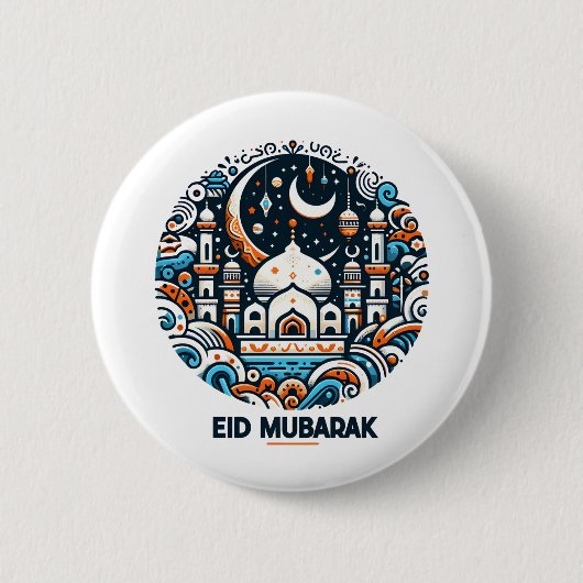 Eid Mubarak Dekoriert Crescent farbenfrohe Moschee Button (Vorderseite)