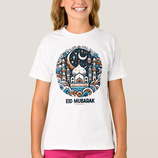 Eid Mubarak Dekoriert Crescent farbenfrohe Moschee T-Shirt (Vorderseite)