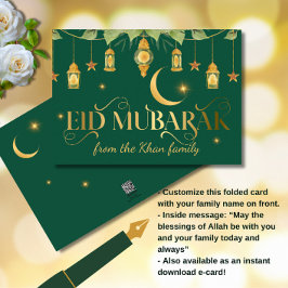 Eid Mubarak Elegant Gold Grüne Laternen + Mond Karte