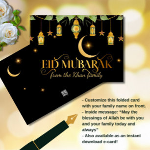 Eid Mubarak Elegant Gold Schwarze Lanterns + Mond Karte