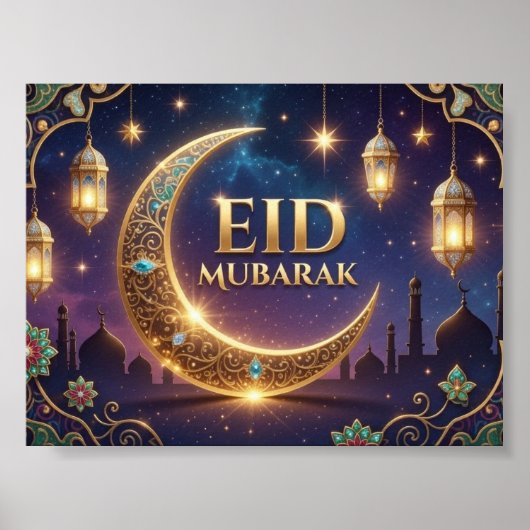 Eid Mubarak elegant Gold und Navy Blau Poster (Vorne)