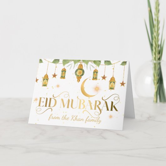 Eid Mubarak Elegant Gold Weiße Lanterns + Mond Karte (Vorderseite)