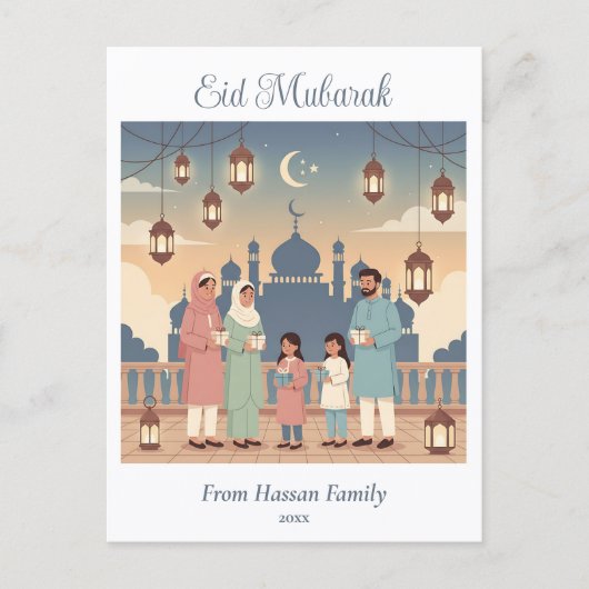 Eid Mubarak Family Celebration Pastel Mosque Card Postkarte (Vorderseite)