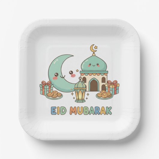 Eid Mubarak Feier - Kawaii lächelnder Mond Pappteller (Vorderseite)
