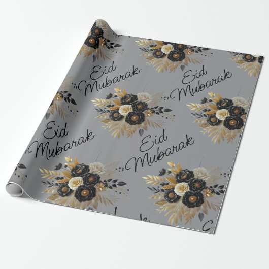 Eid Mubarak Floral Black Gold Script grau Geschenkpapier (Ungerollt)