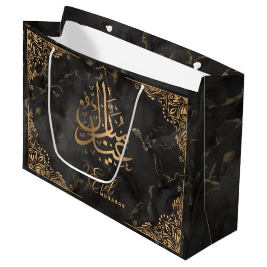 Eid Mubarak | Golden Calligraphy Black Marble Große Geschenktüte (Vorderseite Schrägansicht)