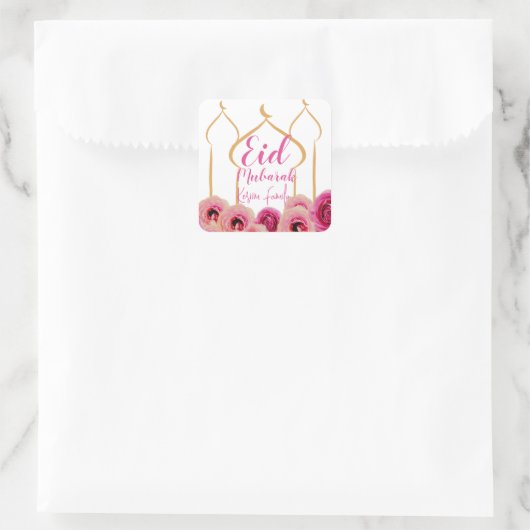 Eid Mubarak Golden Moschee Rose Blossom Lila Quadratischer Aufkleber (Tasche)