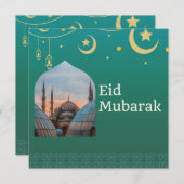 Eid Mubarak grün und blau mit anpassbarem Text Einladung (Vorne/Hinten)