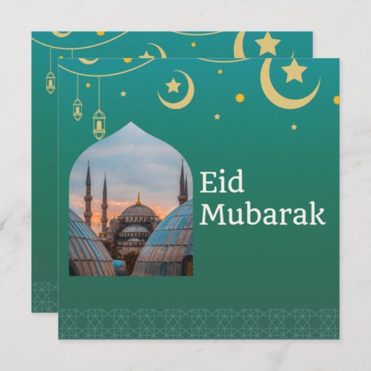 Eid Mubarak grün und blau mit anpassbarem Text Einladung (Vorne/Hinten)