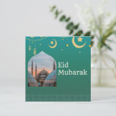 Eid Mubarak grün und blau mit anpassbarem Text Einladung (Stehend Vorderseite)