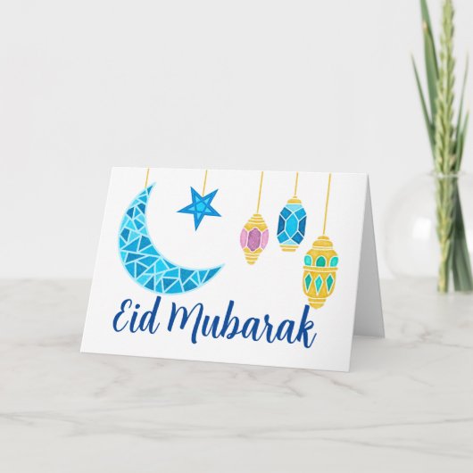 Eid Mubarak Grüße mit Fanoos und Mond Karte (Vorderseite)