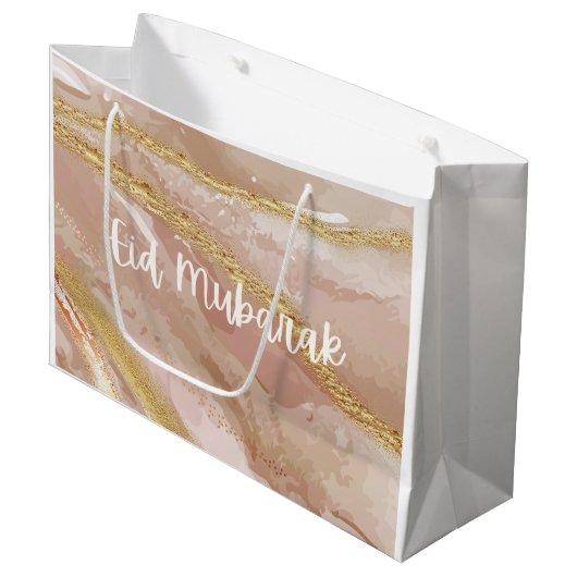 Eid Mubarak/Happy Eid Marble Pink Gift Bag Script  Große Geschenktüte (Vorderseite Schrägansicht)