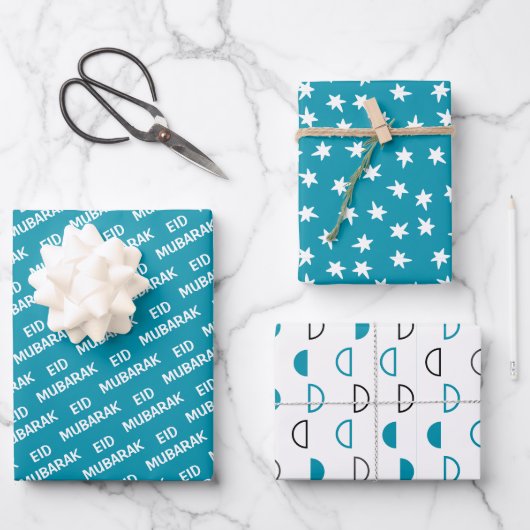 Eid Mubarak Kids Blue Moon Star Zitat Geschenkpapier Set (Vorderseite)