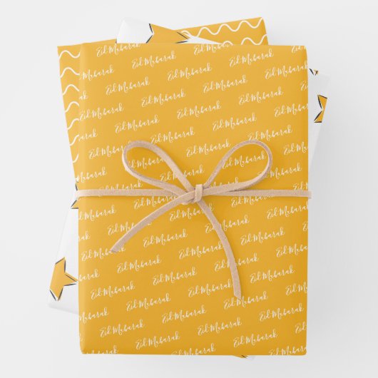 Eid Mubarak Kids Yellow Star Wavy Muster Zitat Geschenkpapier Set (Beispiel)