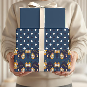 Eid Mubarak Kinder Blaue Mond Laterne Muster Zitat Geschenkpapier Set