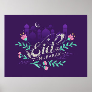 Eid Mubarak mit Blume Moscheen und Mond Poster