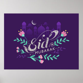 Eid Mubarak mit Blume Moscheen und Mond Poster