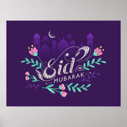 Eid Mubarak mit Blume Moscheen und Mond Poster (Vorne)